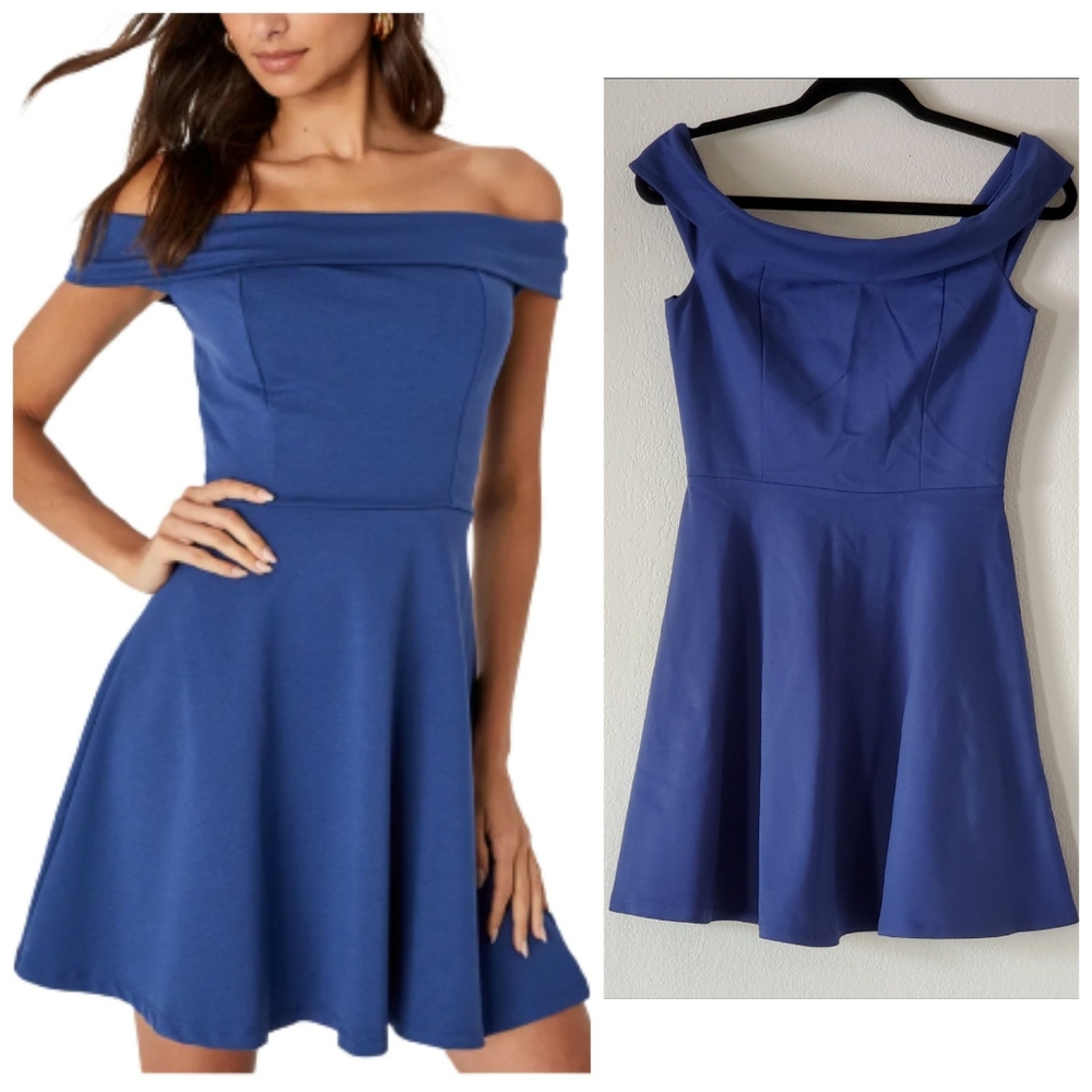 Lulus Season of Fun Demin Blue Off-Shoulder‎ Dress.